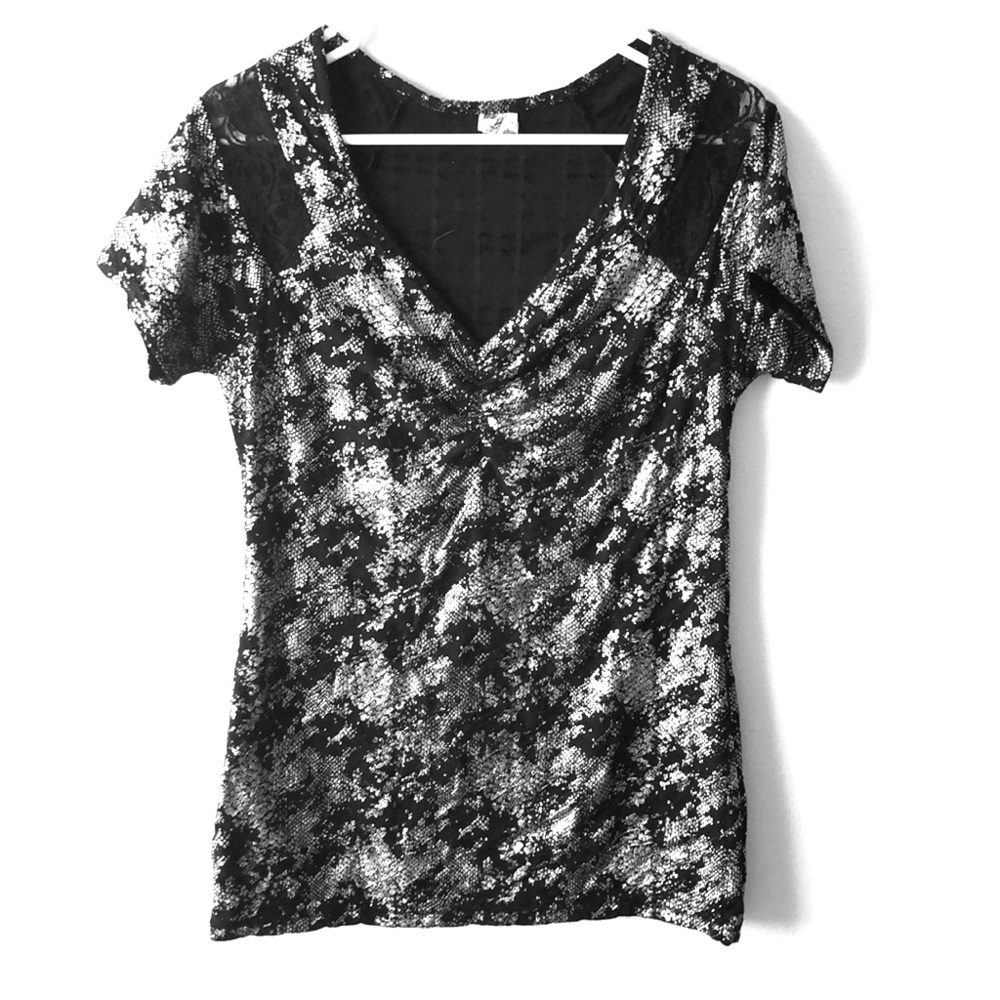 Metallic silver and black semi lace top.